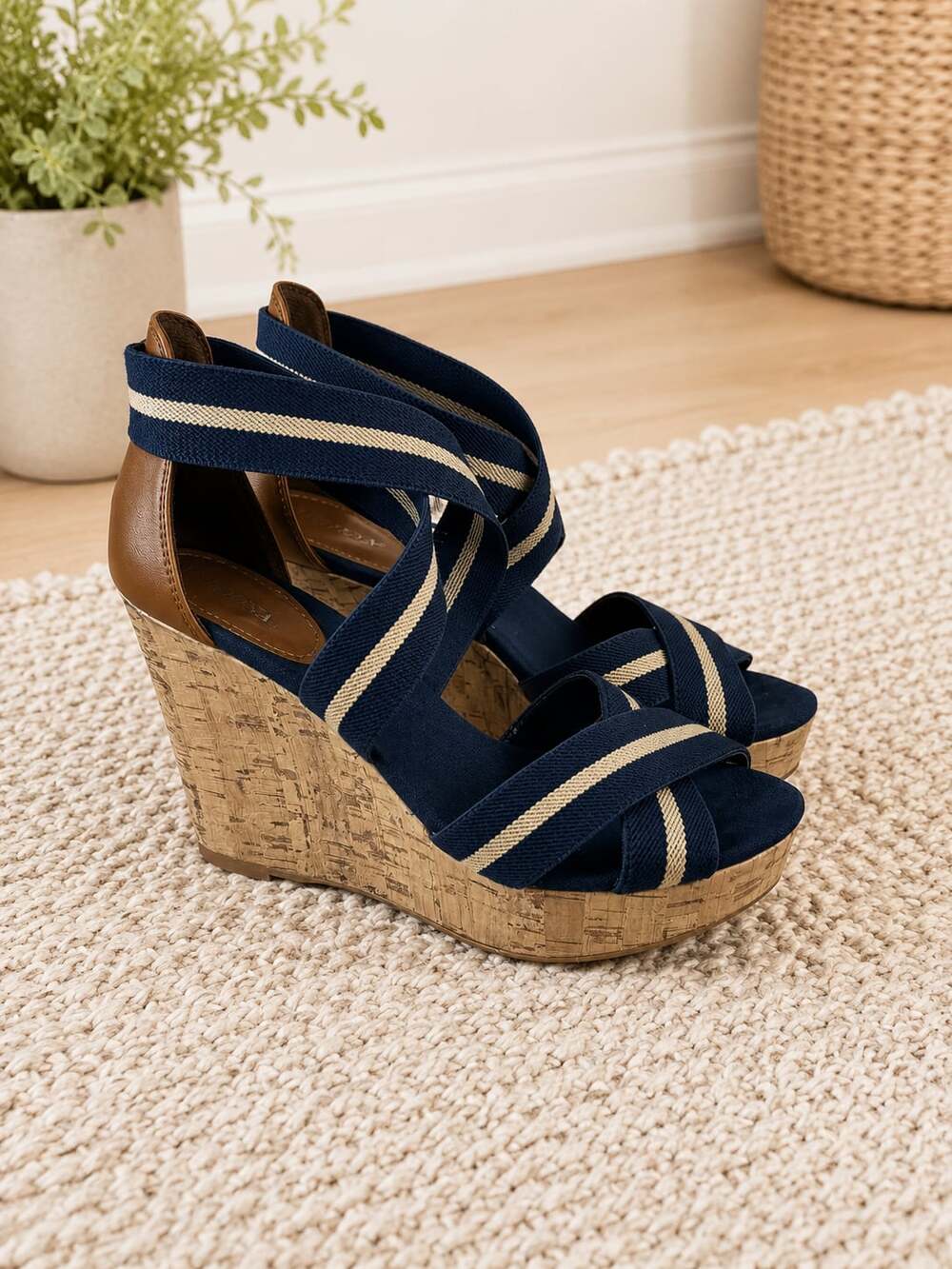 Navy Striped Elastic Cork Wedge Sandals